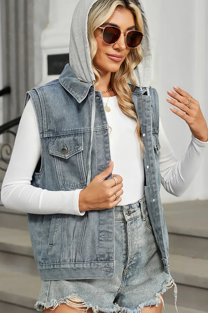 Hooded Denim Vest with Sleeveless Design