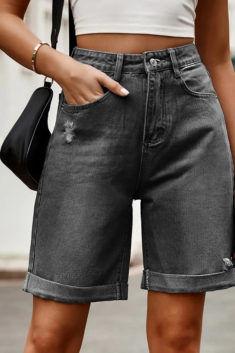 Distressed Cuffed Denim Bermuda Shorts
