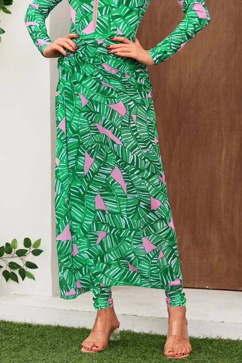 Groen Zip Lange Mouw Bedrukt Surf Badpak Set