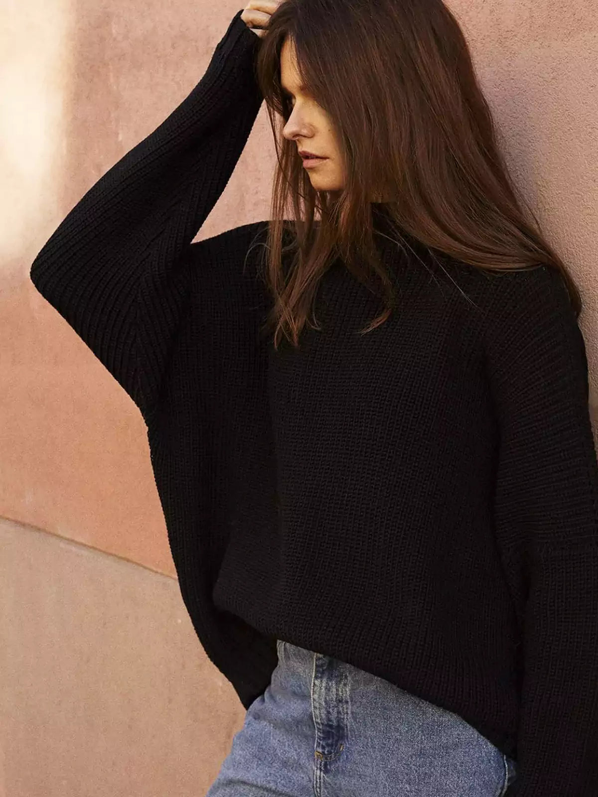 Oversized gebreide batwing trui & gerimpelde minirok set