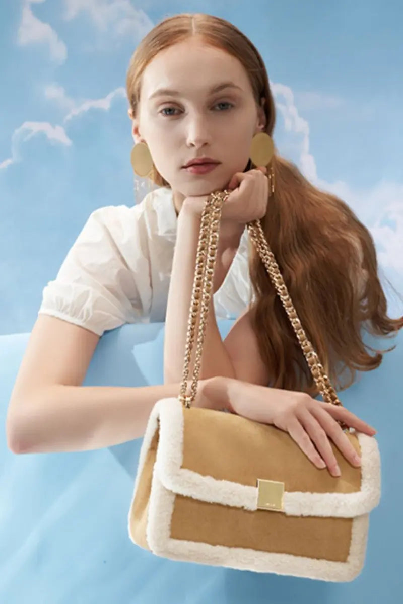 Vintage Shearling Leather Shoulder Crossbody Bag