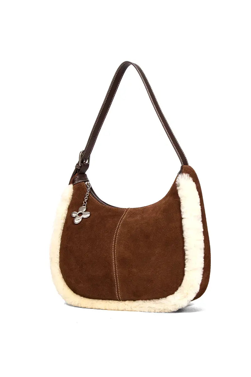 Shearling Crescent Hobo Shoulder Bag