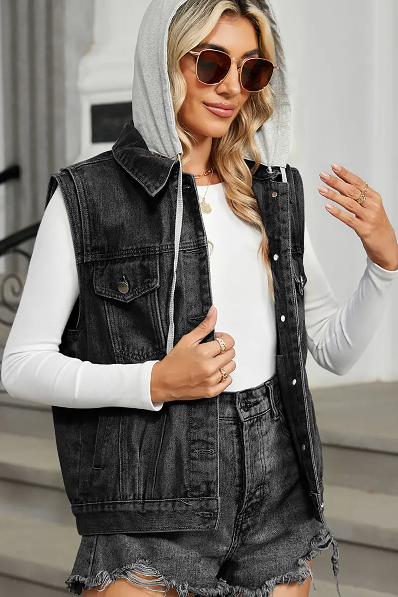 Hooded Denim Vest with Sleeveless Design