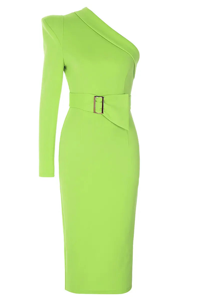 Asymmetrical One-Shoulder Belted Dress
