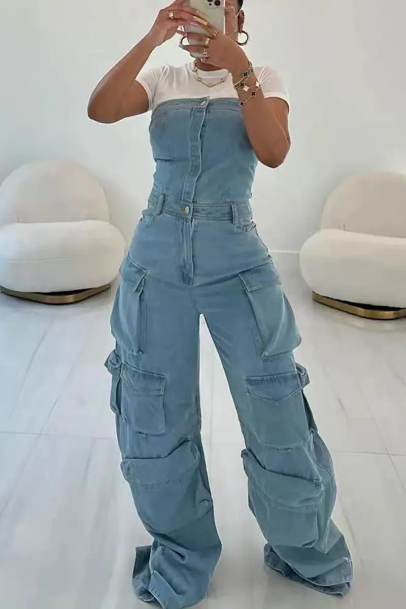 Streetstyle strapless denim jumpsuit