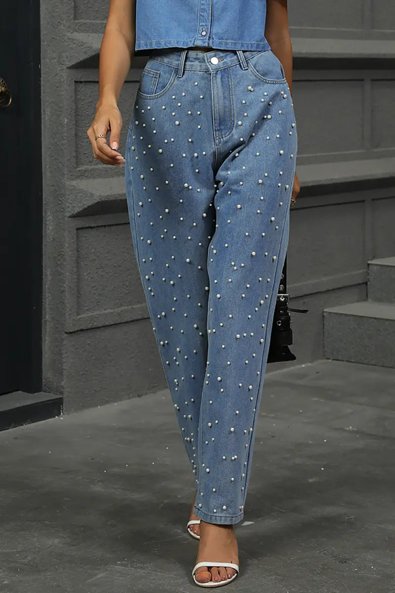 Fall Pearl-Accent Straight-Leg Denim Pants