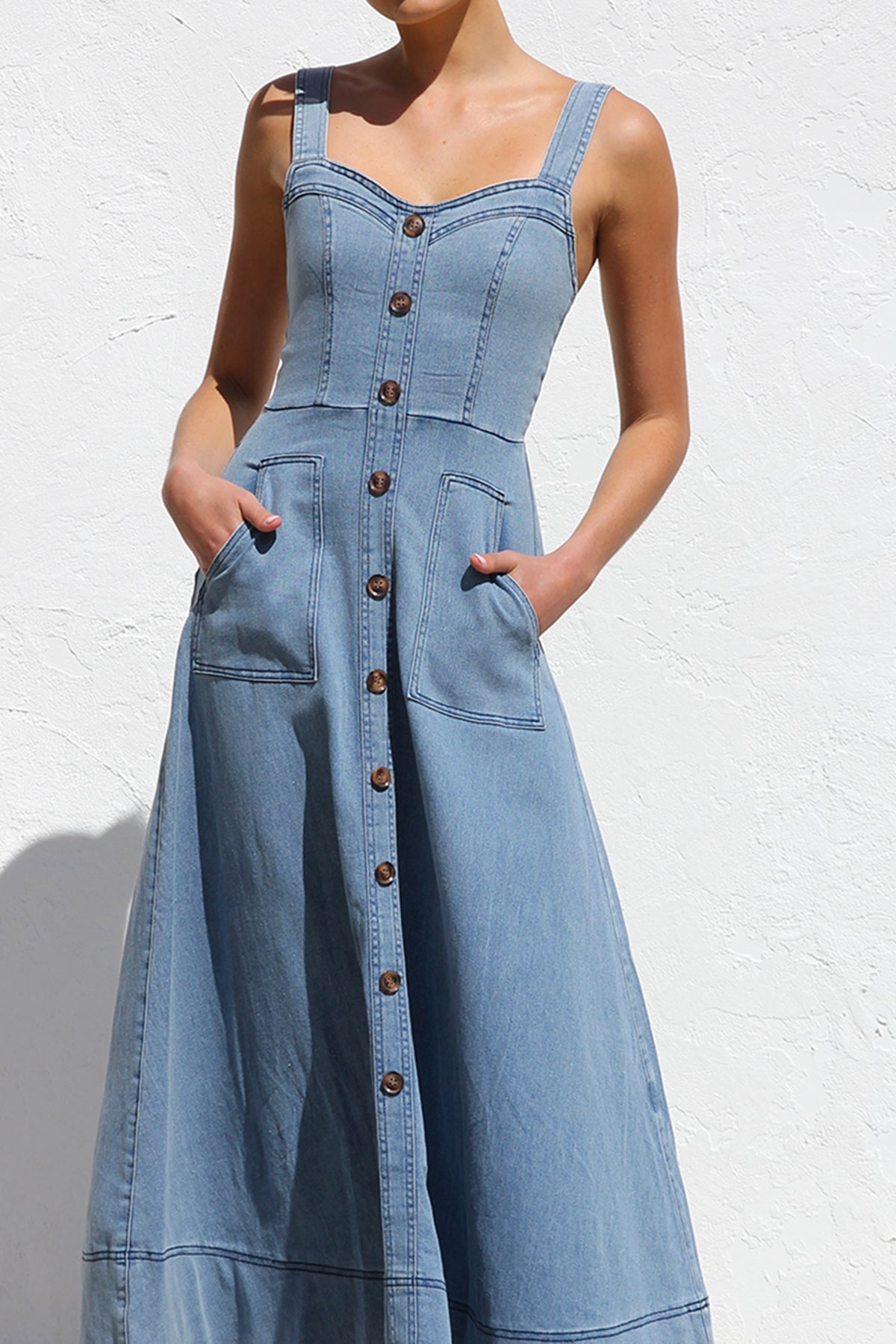 DENIM SUSPENDER CASUAL BUTTON MIDI DRESS-Blue