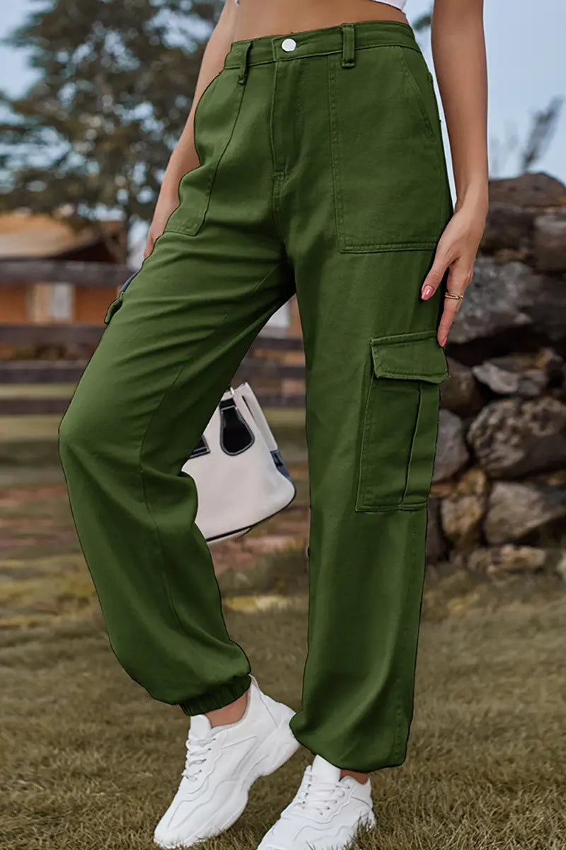 Elastic-Cuffed Versatile Cargo Denim Pants