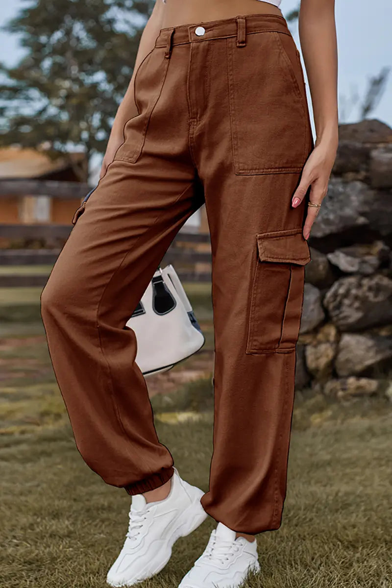 Elastic-Cuffed Versatile Cargo Denim Pants