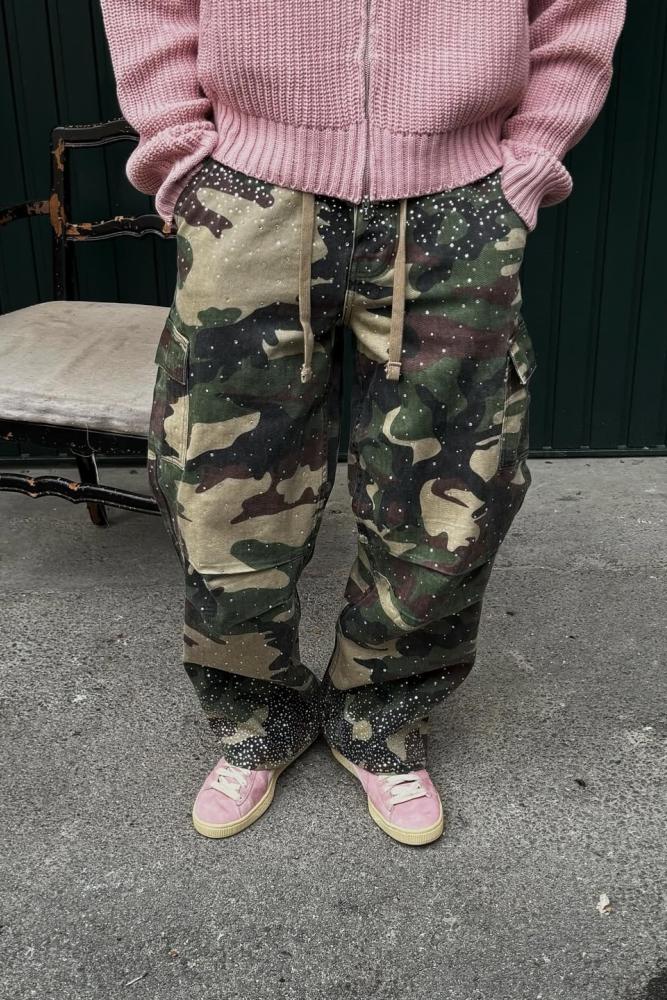Camo Rhinestone Drawstring Cargo Pants