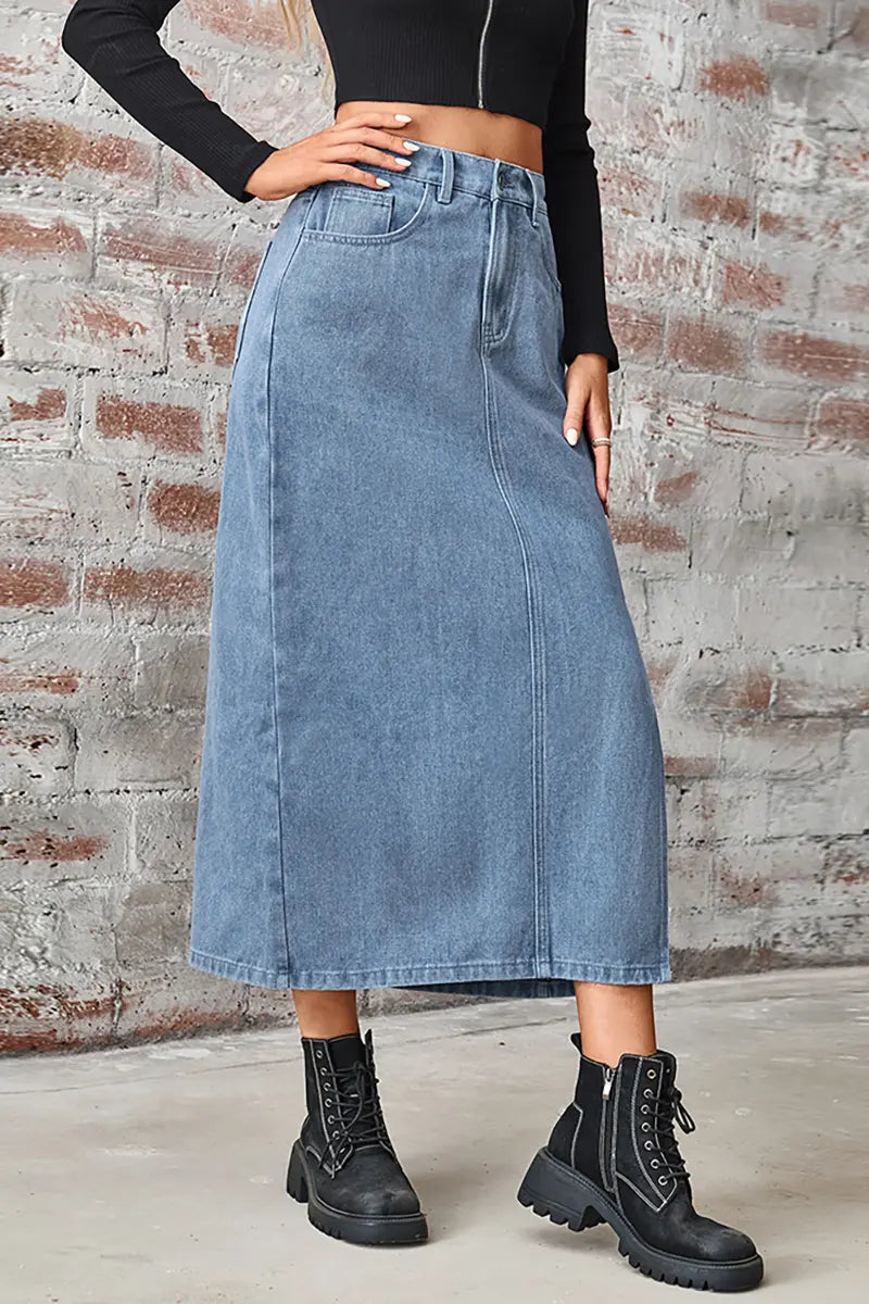 Elastic Waist Split Denim Skirt