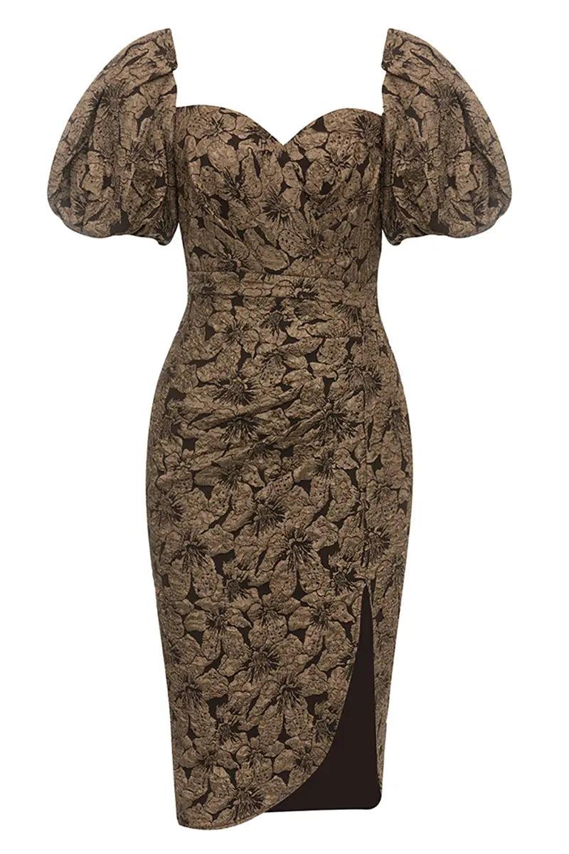 Vintage jurk met vierkante hals en pofmouwen