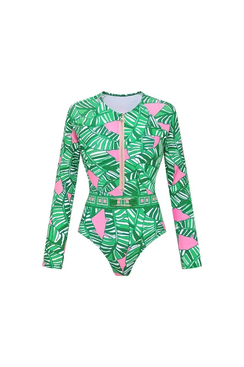 Groen Zip Lange Mouw Bedrukt Surf Badpak Set