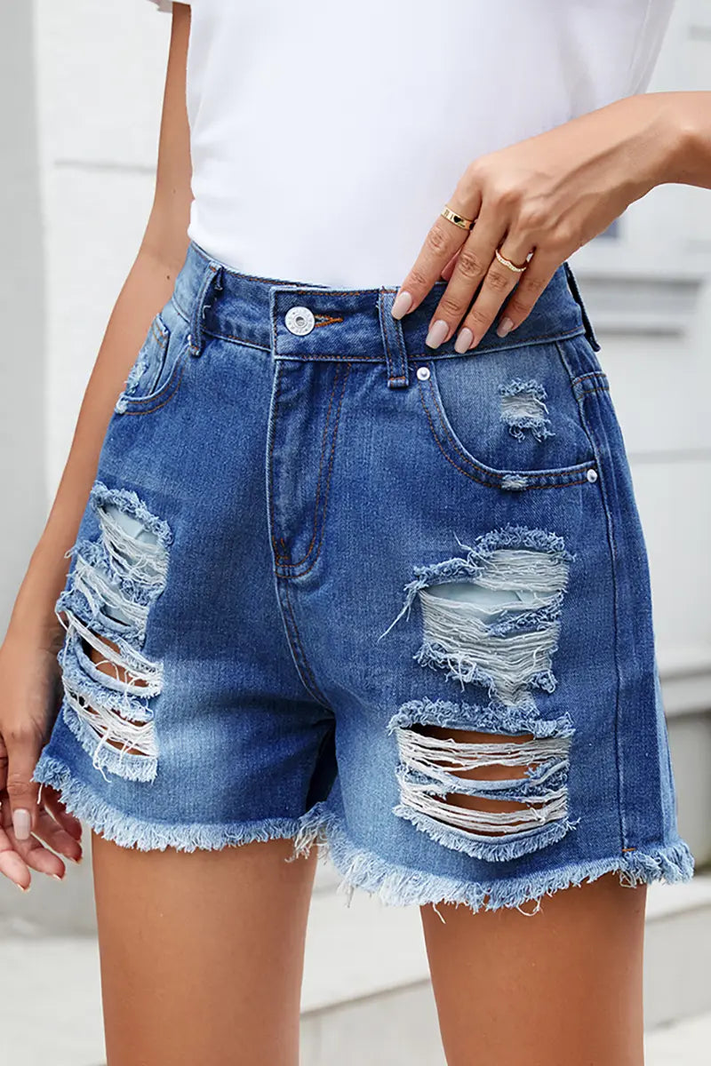 Summer Fringed Distressed Denim Shorts