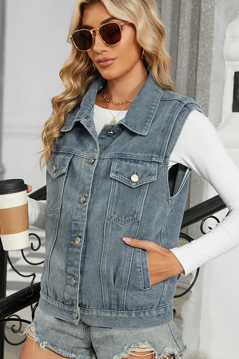 Gewassen denim vest mouwloos jack top