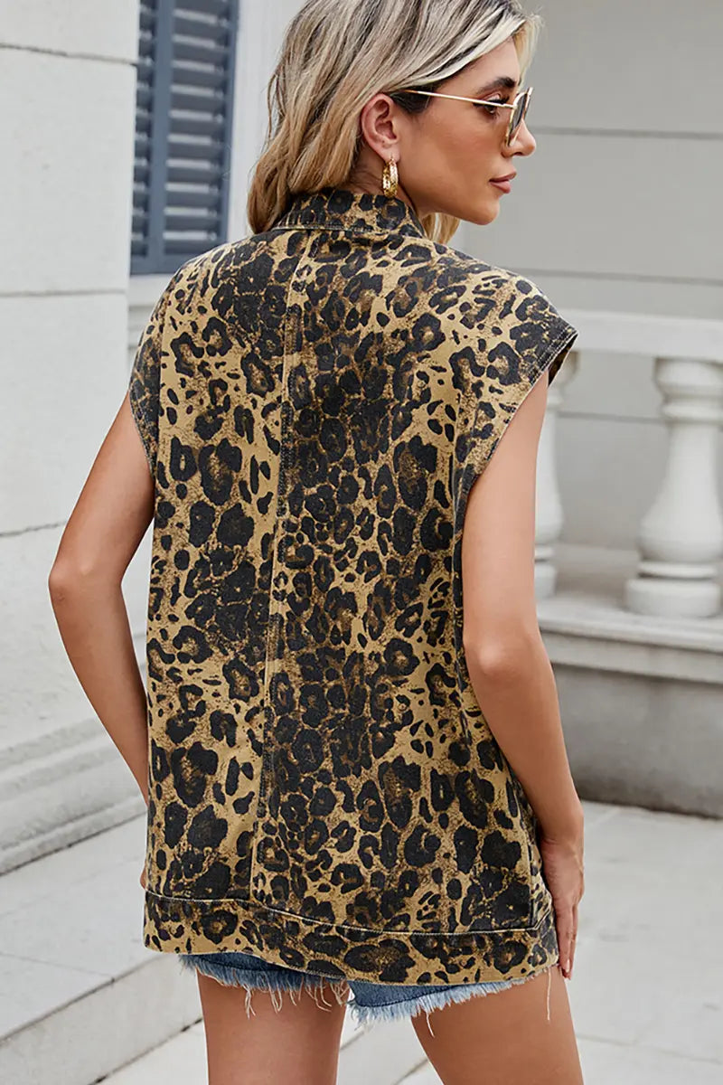 Loose-Fit Leopard Print Denim Vest