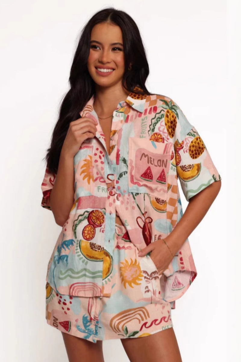 Stylish Linen Print Shirt Shorts Set