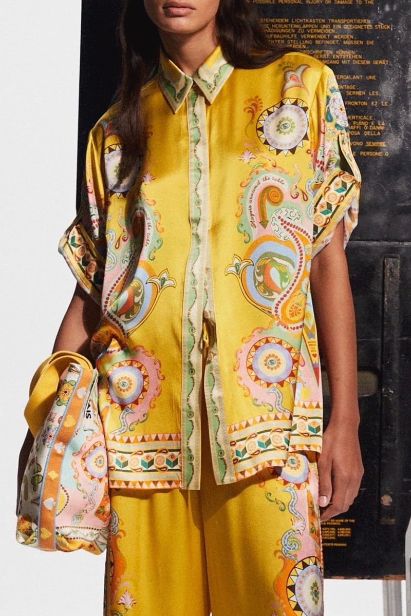 SOPHISTICATED SATIN UNIQUE CASHEW FLOWER PRINT BUTTON OVERSIZED TWO-PIECES SET