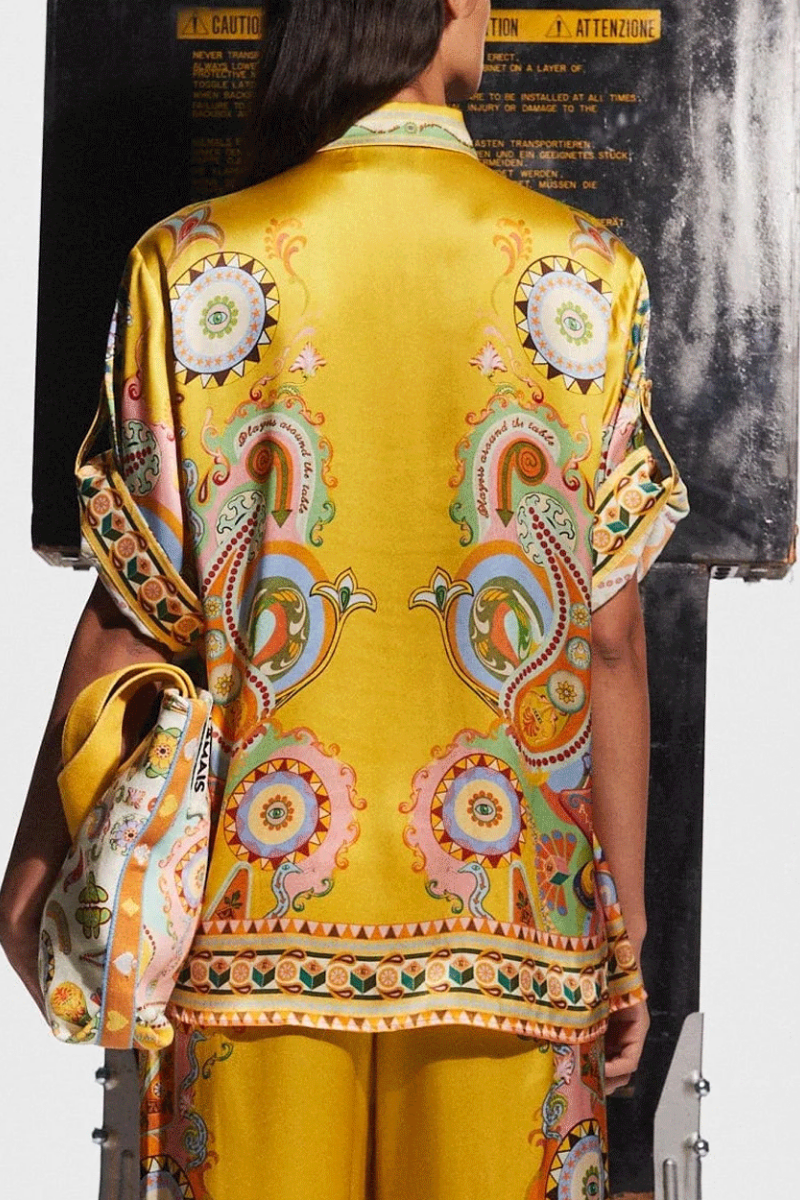 SOPHISTICATED SATIN UNIQUE CASHEW FLOWER PRINT BUTTON OVERSIZED TWO-PIECES SET