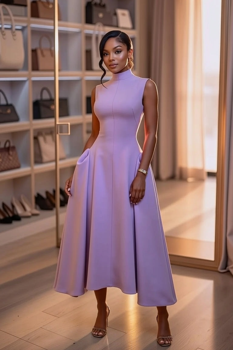 Lavender High Neck Sleeveless Midi Dress