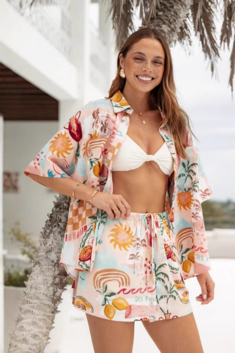 Stylish Linen Print Shirt Shorts Set