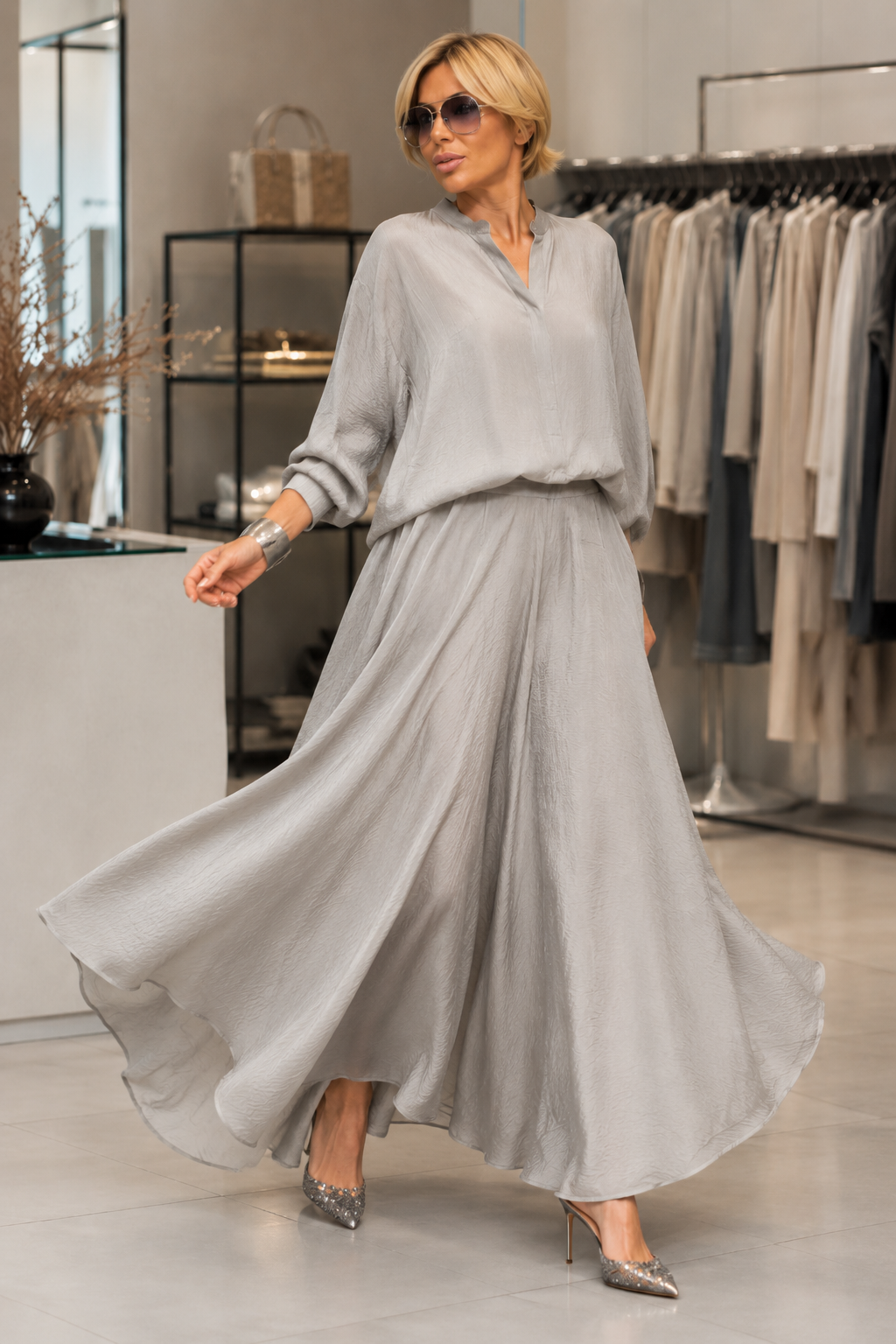 Textured Satin Maxi Set