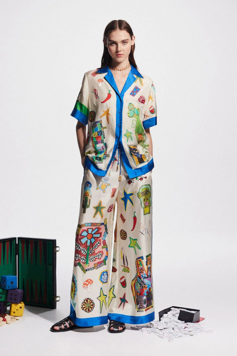 PERSONALIZED PRINTED COLOR MATCHING HOLIDAY CASUAL LACE WIDE-LEG PANTS-SET