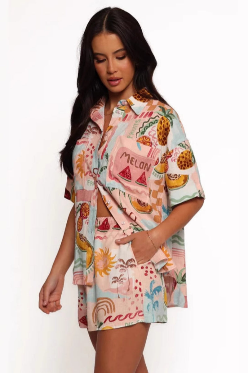 Stylish Linen Print Shirt Shorts Set