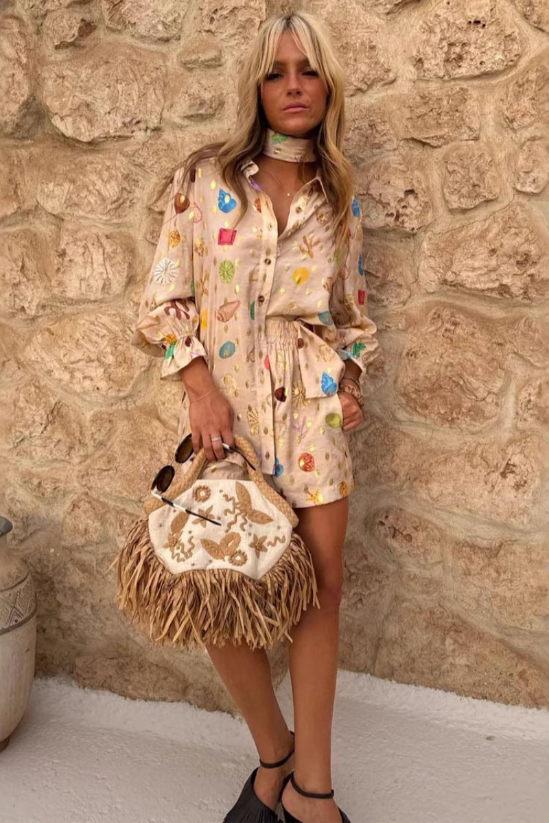 Stylish Linen Gold-Print Shorts Set