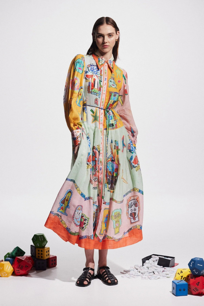 UNIQUE PRINT COLORBLOCK BALLOON SLEEVE BELT SHIRT MIDI DRESS