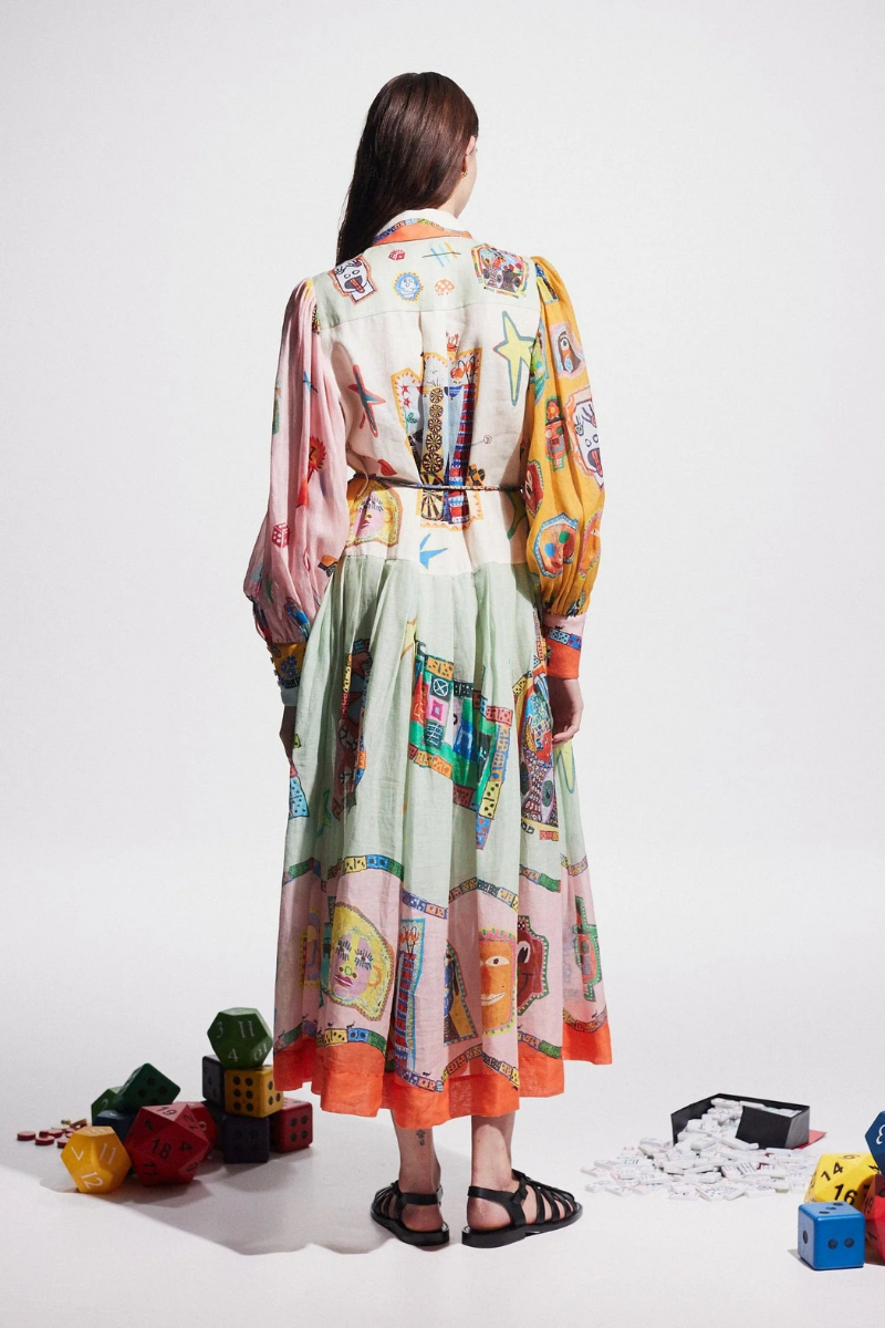 UNIQUE PRINT COLORBLOCK BALLOON SLEEVE BELT SHIRT MIDI DRESS