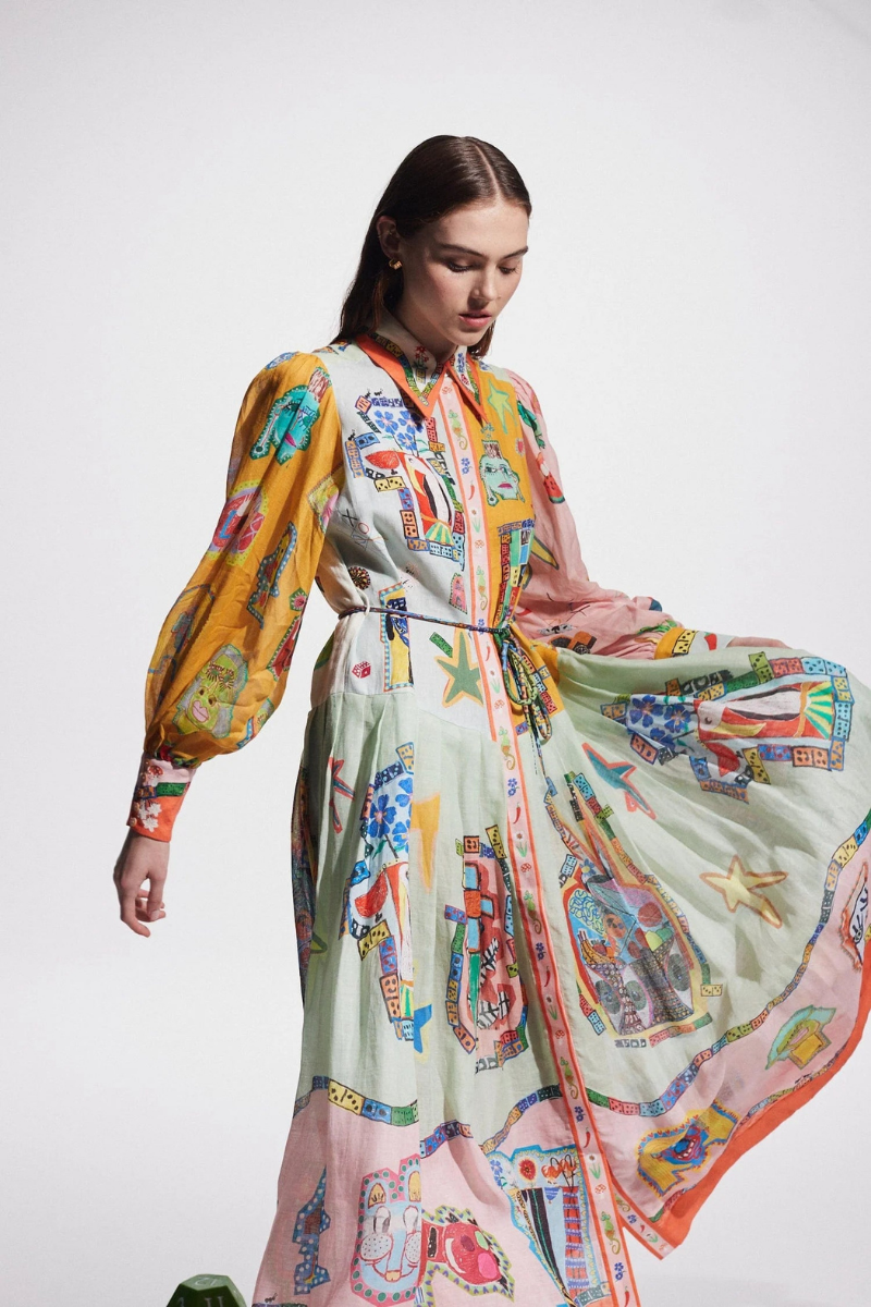 UNIQUE PRINT COLORBLOCK BALLOON SLEEVE BELT SHIRT MIDI DRESS