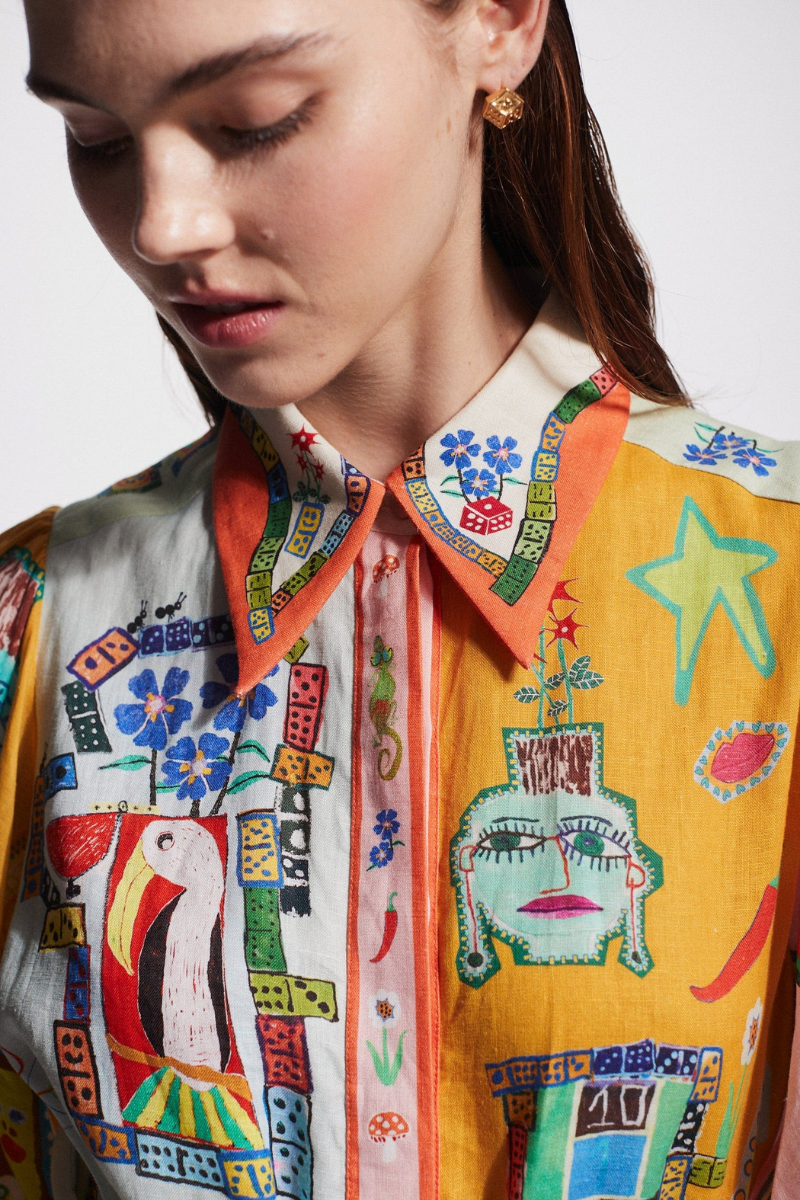 UNIQUE PRINT COLORBLOCK BALLOON SLEEVE BELT SHIRT MIDI DRESS