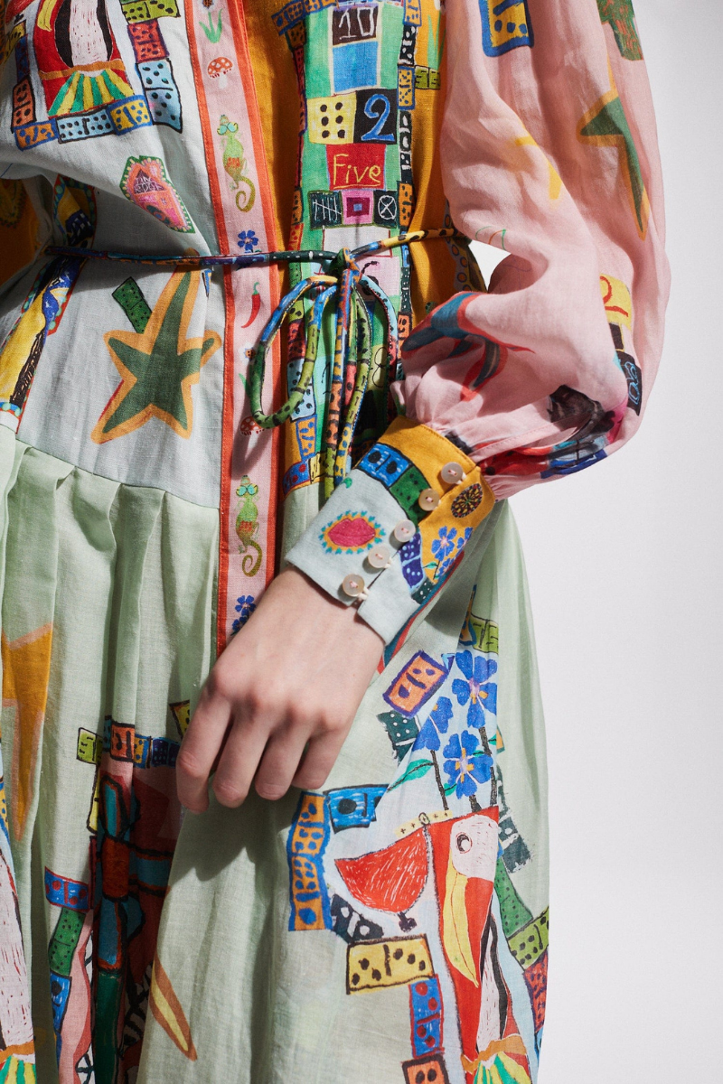 UNIQUE PRINT COLORBLOCK BALLOON SLEEVE BELT SHIRT MIDI DRESS