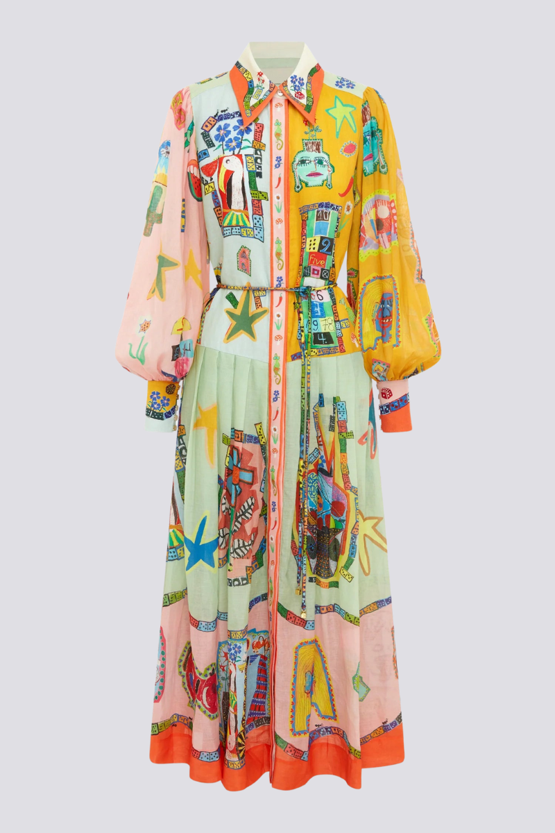 UNIQUE PRINT COLORBLOCK BALLOON SLEEVE BELT SHIRT MIDI DRESS
