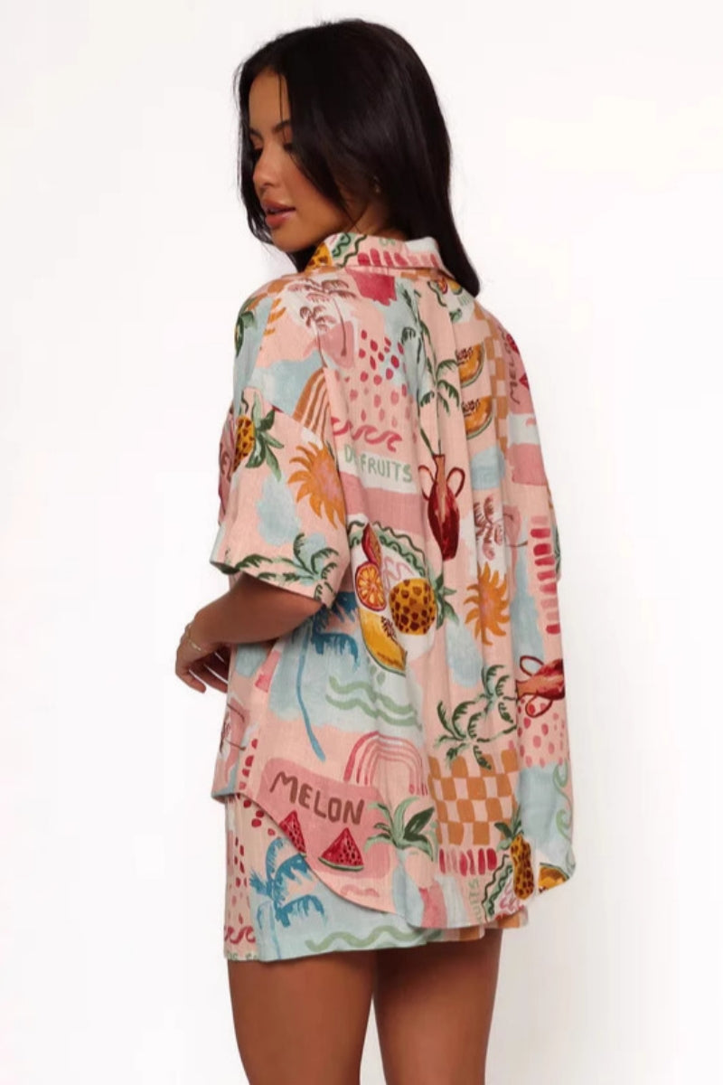 Stylish Linen Print Shirt Shorts Set