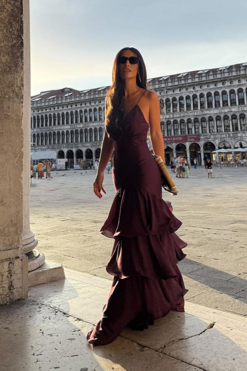 Elegant Burgundy Tiered Maxi Dress