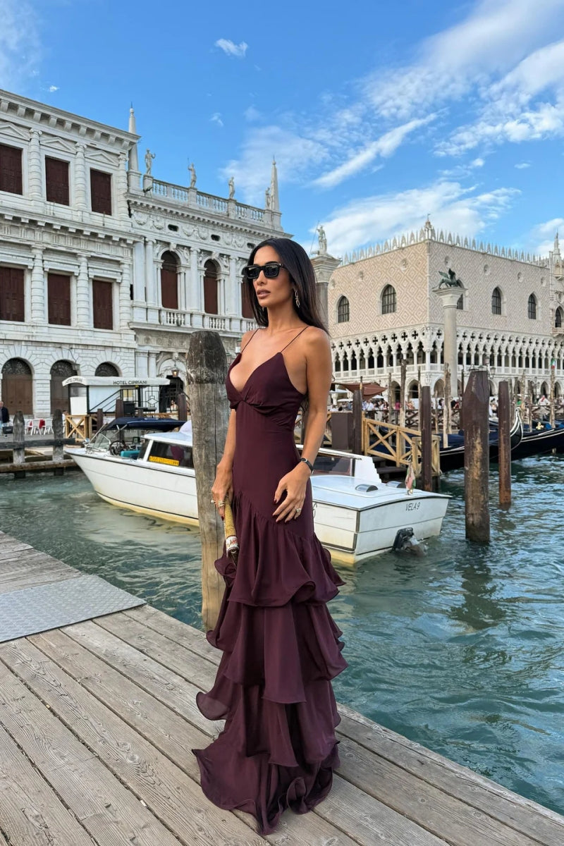 Elegant Burgundy Tiered Maxi Dress
