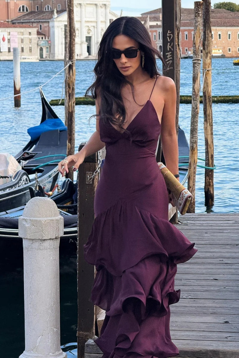 Elegant Burgundy Tiered Maxi Dress