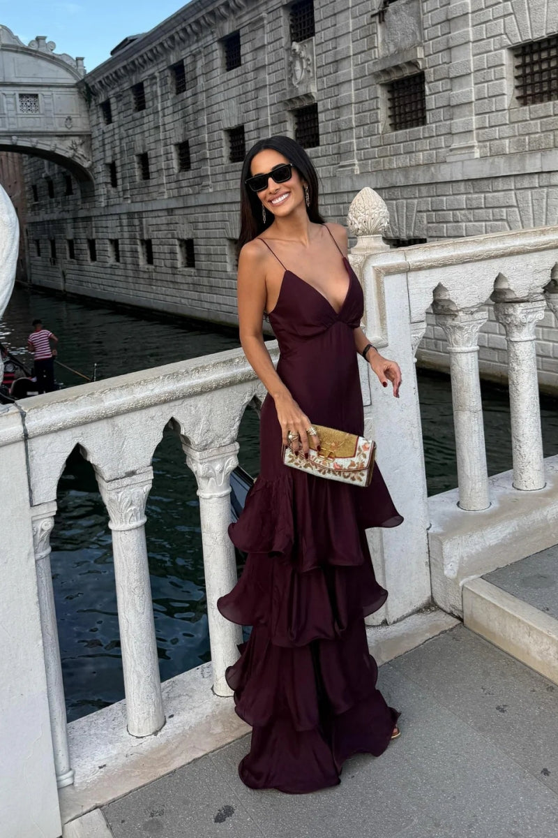 Elegant Burgundy Tiered Maxi Dress
