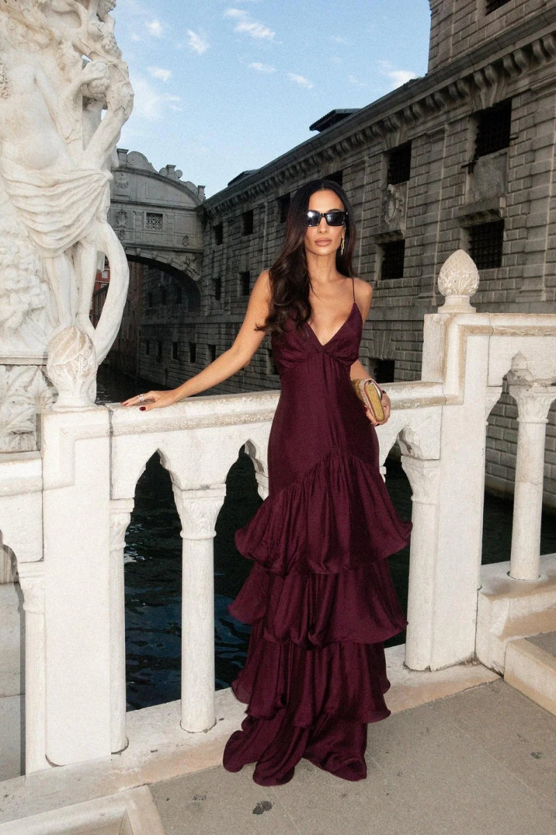 Elegant Burgundy Tiered Maxi Dress