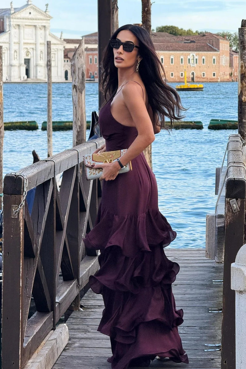 Elegant Burgundy Tiered Maxi Dress