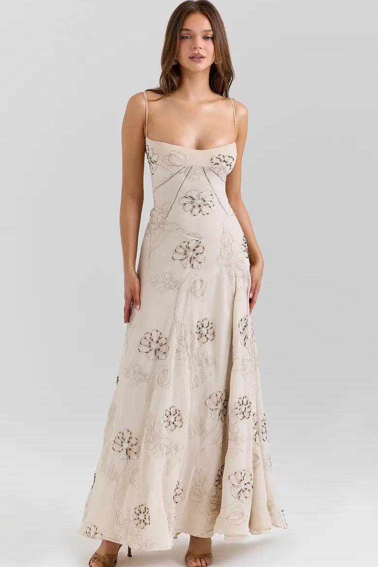 Floral Embroidered Spaghetti Strap Maxi Dress