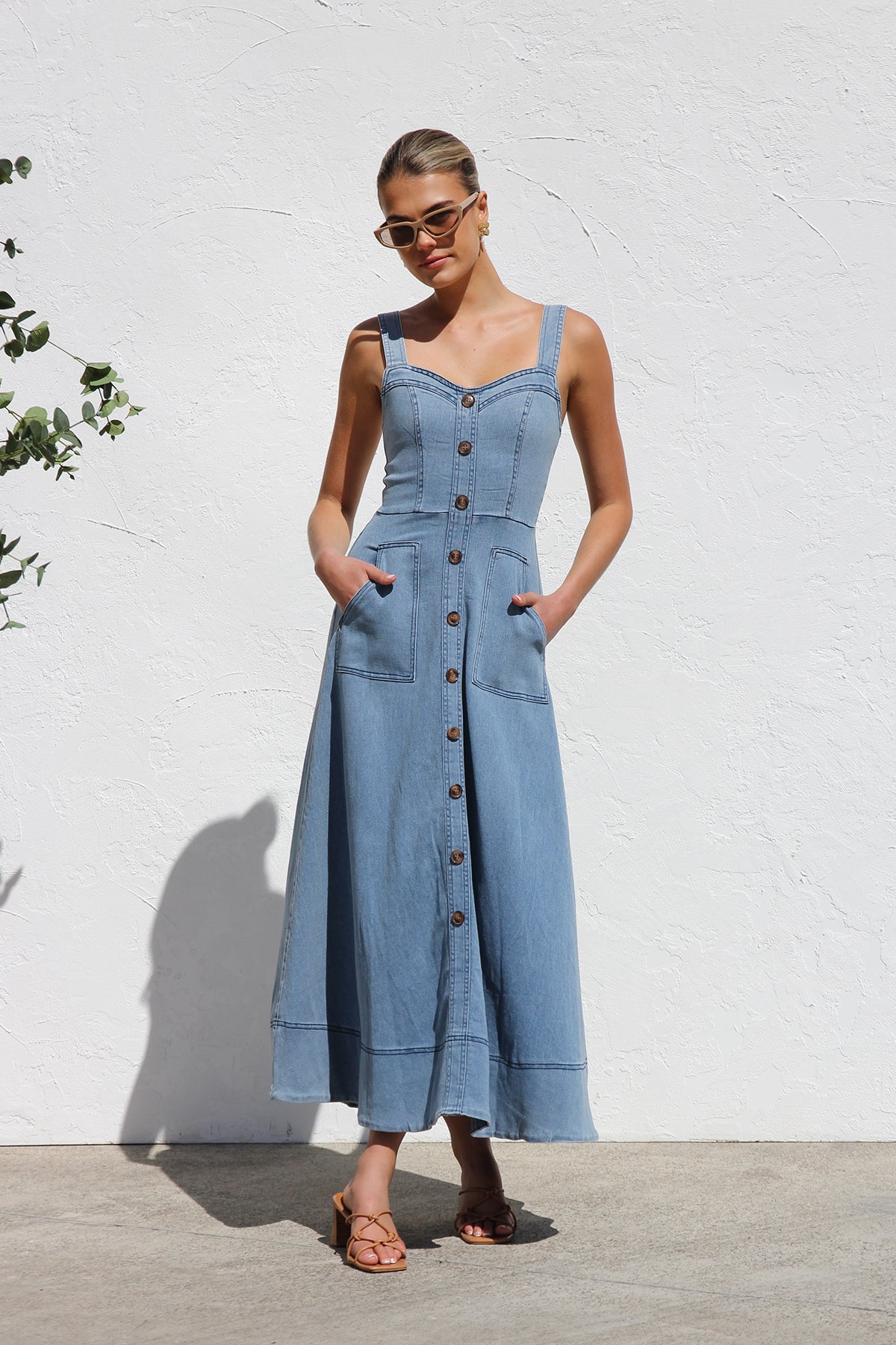 DENIM SUSPENDER CASUAL BUTTON MIDI DRESS-Blue