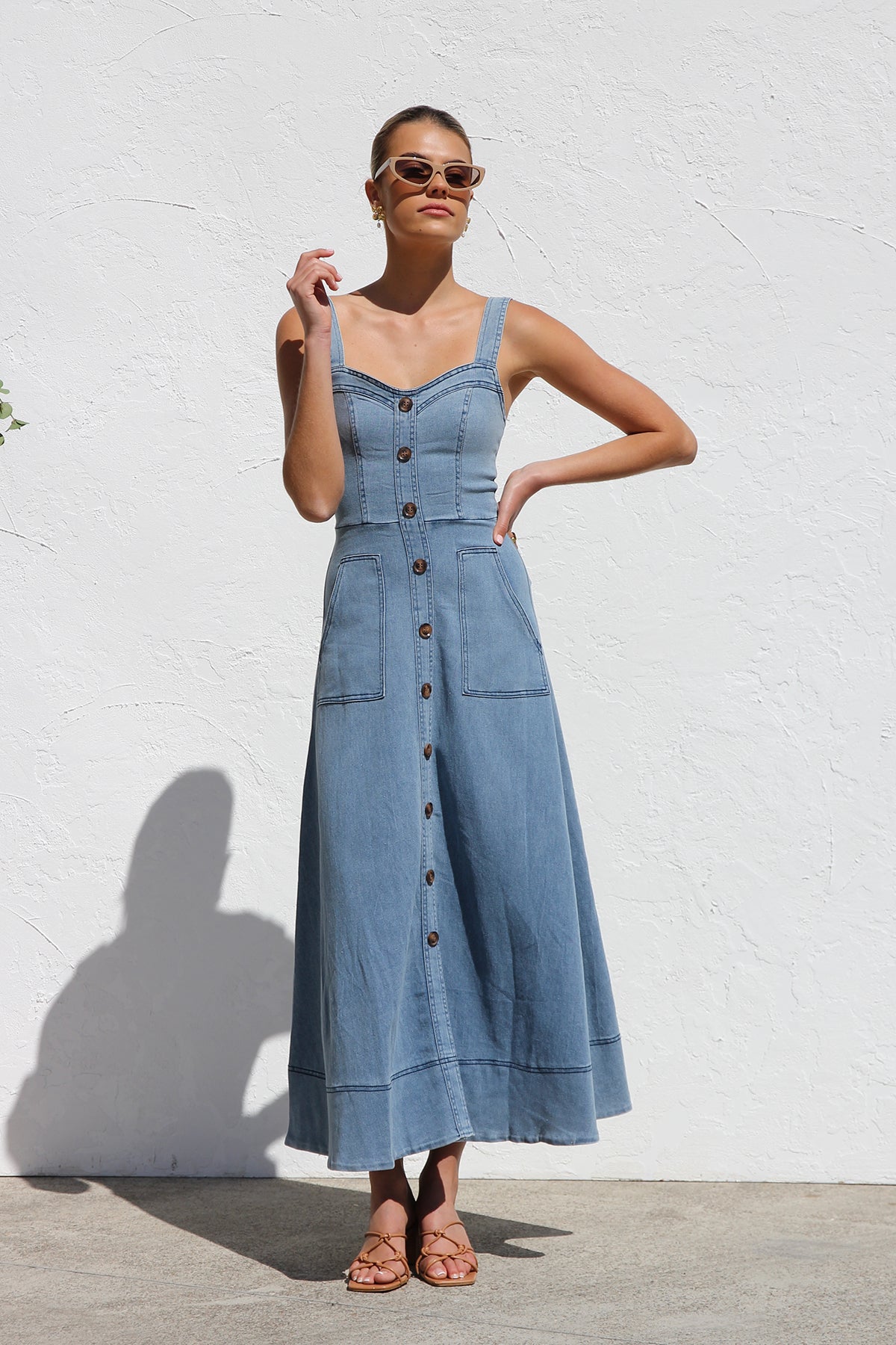 DENIM SUSPENDER CASUAL BUTTON MIDI DRESS-Blue