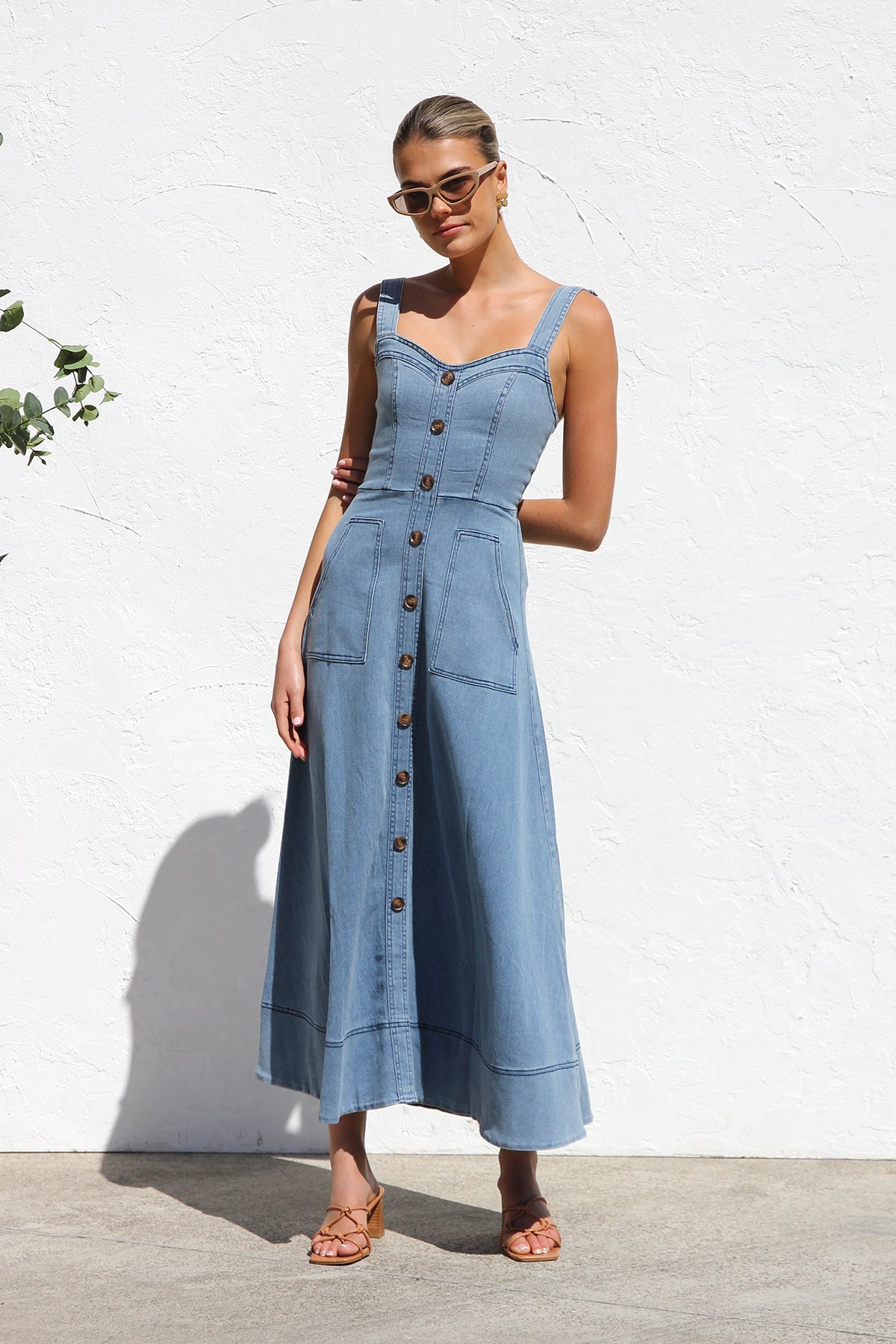 DENIM SUSPENDER CASUAL BUTTON MIDI DRESS-Blue