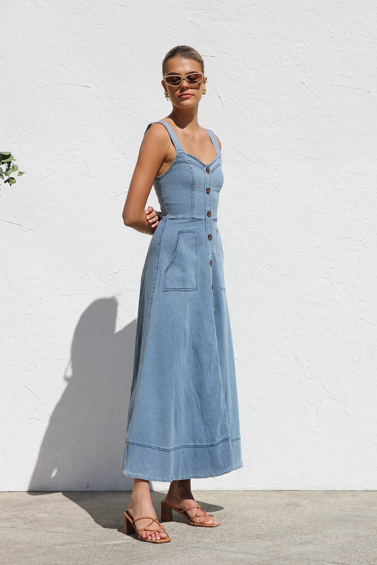 DENIM SUSPENDER CASUAL BUTTON MIDI DRESS-Blue