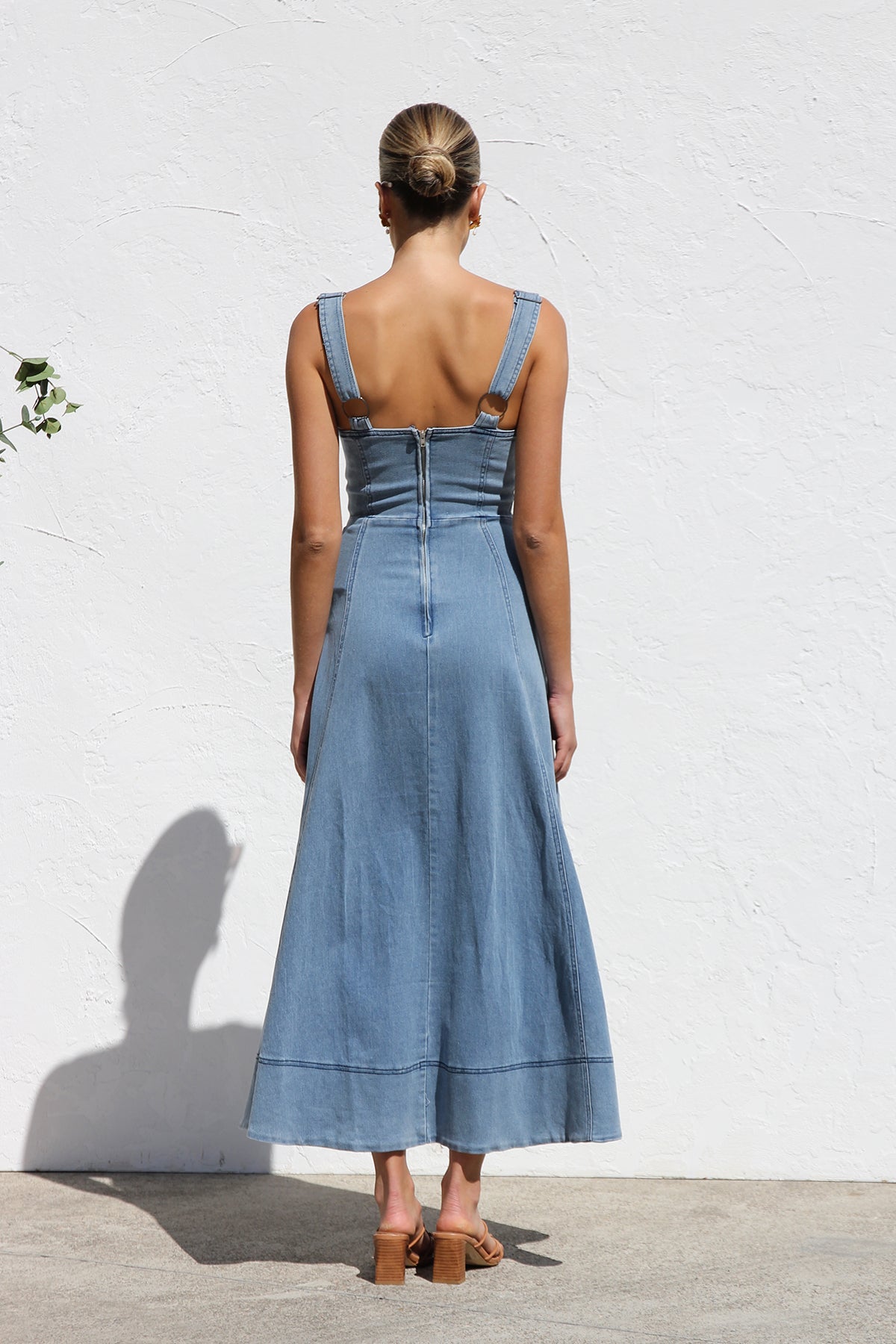 DENIM SUSPENDER CASUAL BUTTON MIDI DRESS-Blue