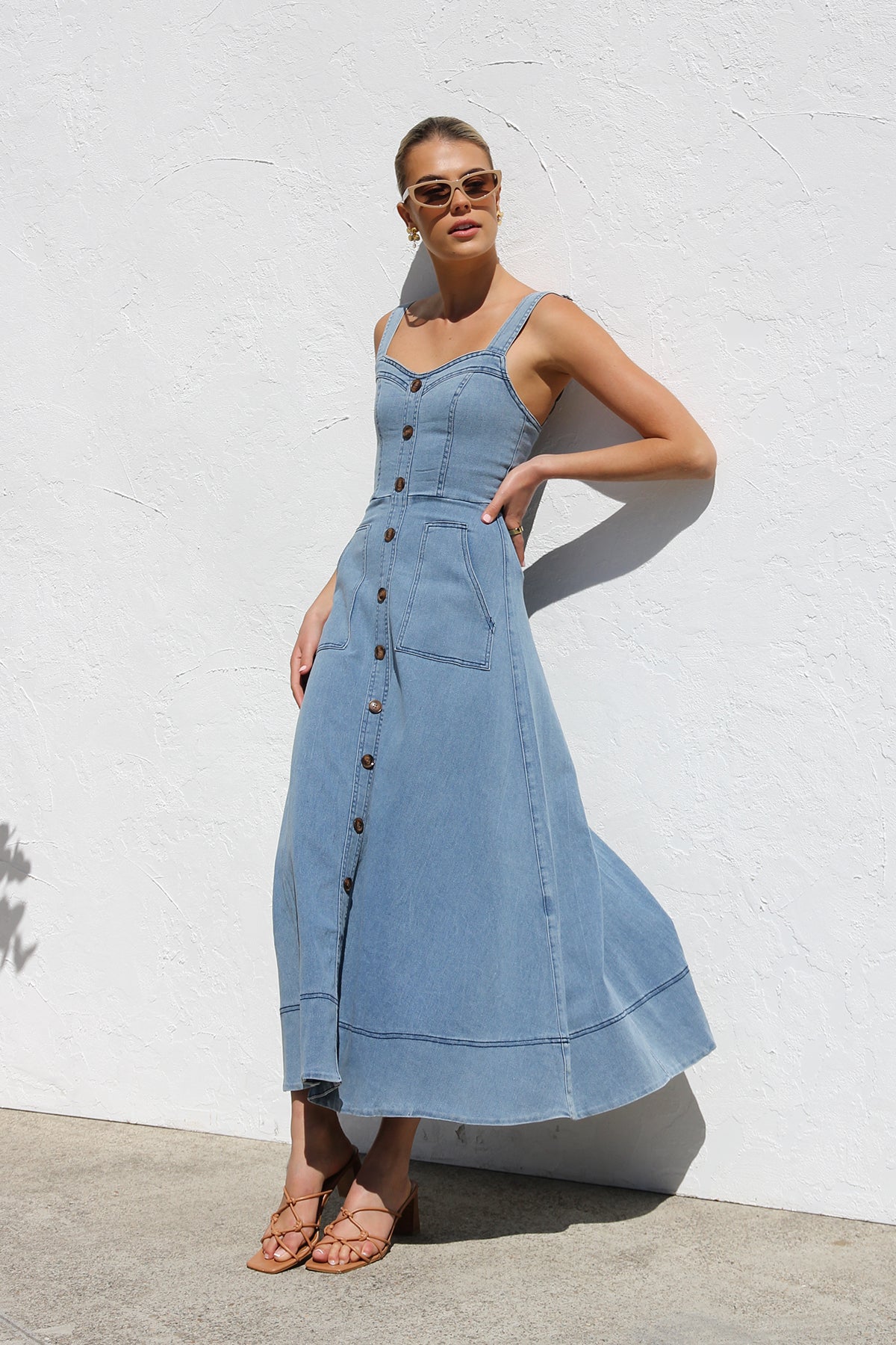 DENIM SUSPENDER CASUAL BUTTON MIDI DRESS-Blue