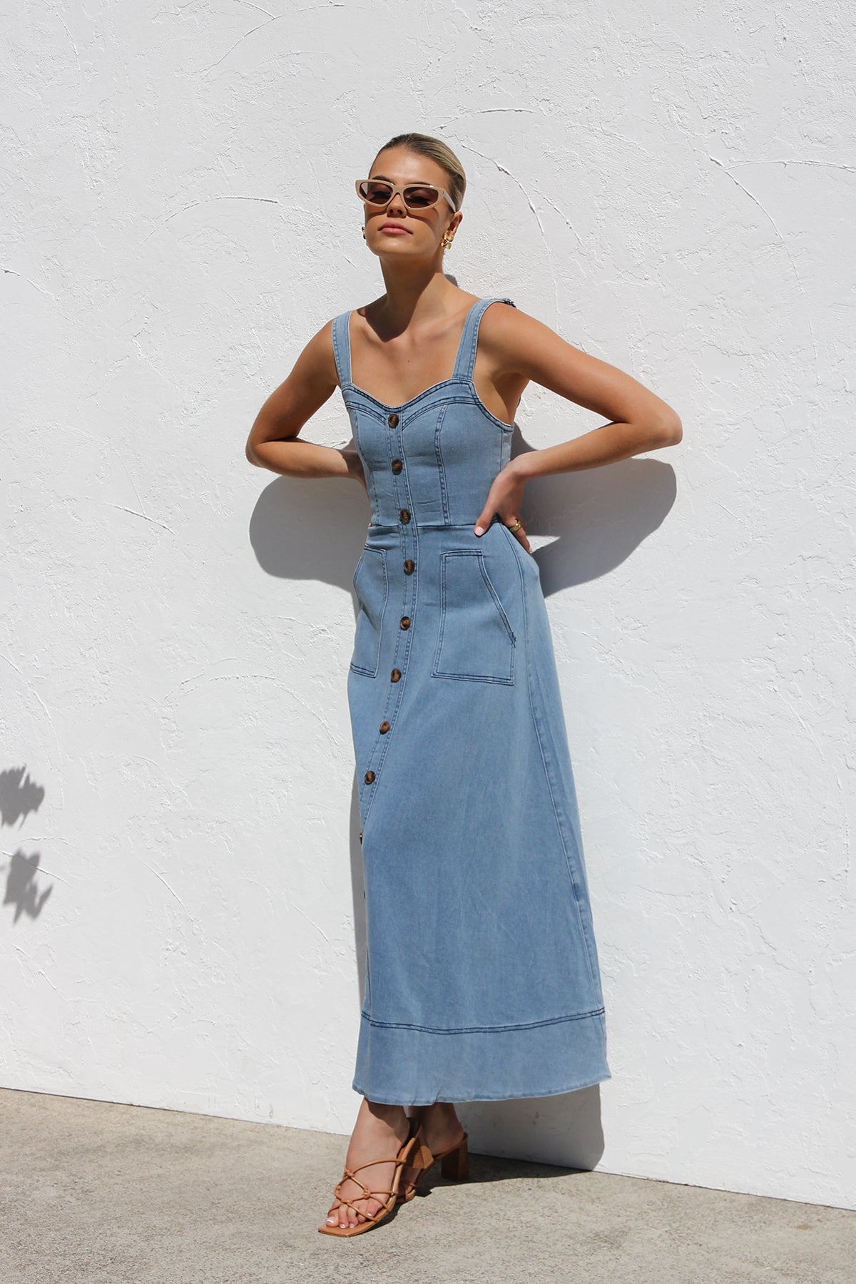 DENIM SUSPENDER CASUAL BUTTON MIDI DRESS-Blue